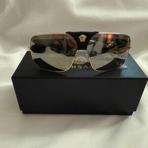 Versace Light Brown Mirror Gold Shield Unisex Sunglasses